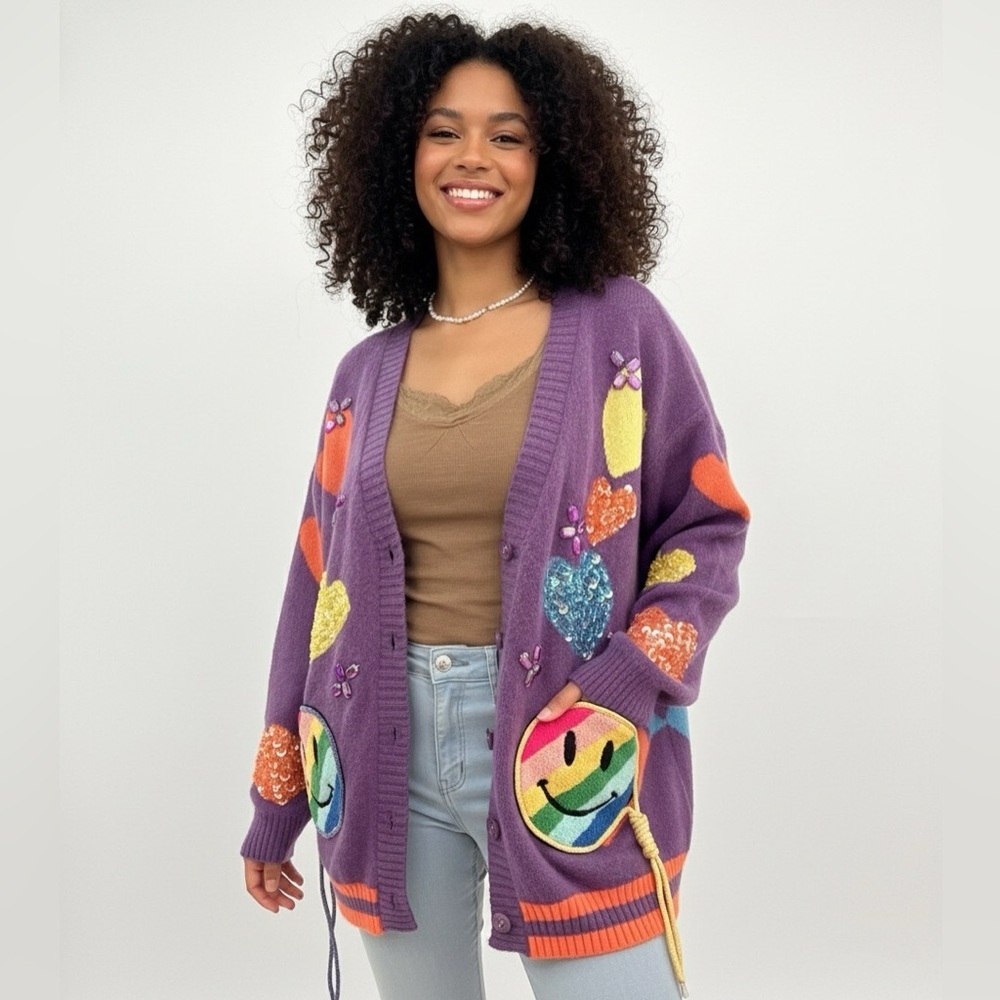 Smiley face cardigan 2 colors are available—- purple color